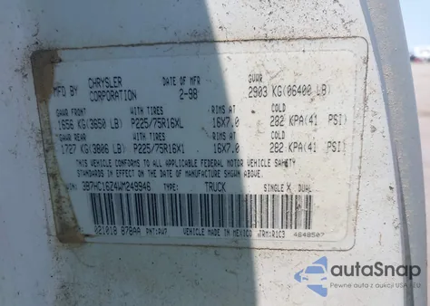 1998 Dodge Ram 1500 St from USA, damaged, VIN 3B7HC16Z4WM249946